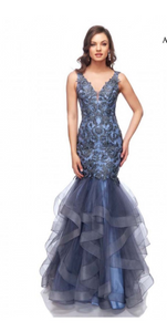 CL98100825 - Lace beaded ruffle mermaid gown in dusty blue