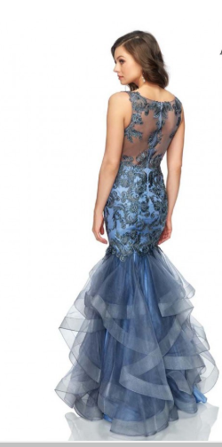 CL98100825 - Lace beaded ruffle mermaid gown in dusty blue